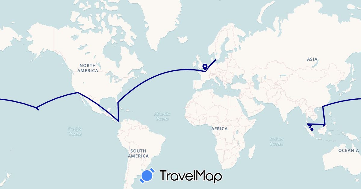 TravelMap itinerary: driving in Brunei, Denmark, France, Hong Kong, Malaysia, Panama, Singapore, United States (Asia, Europe, North America)